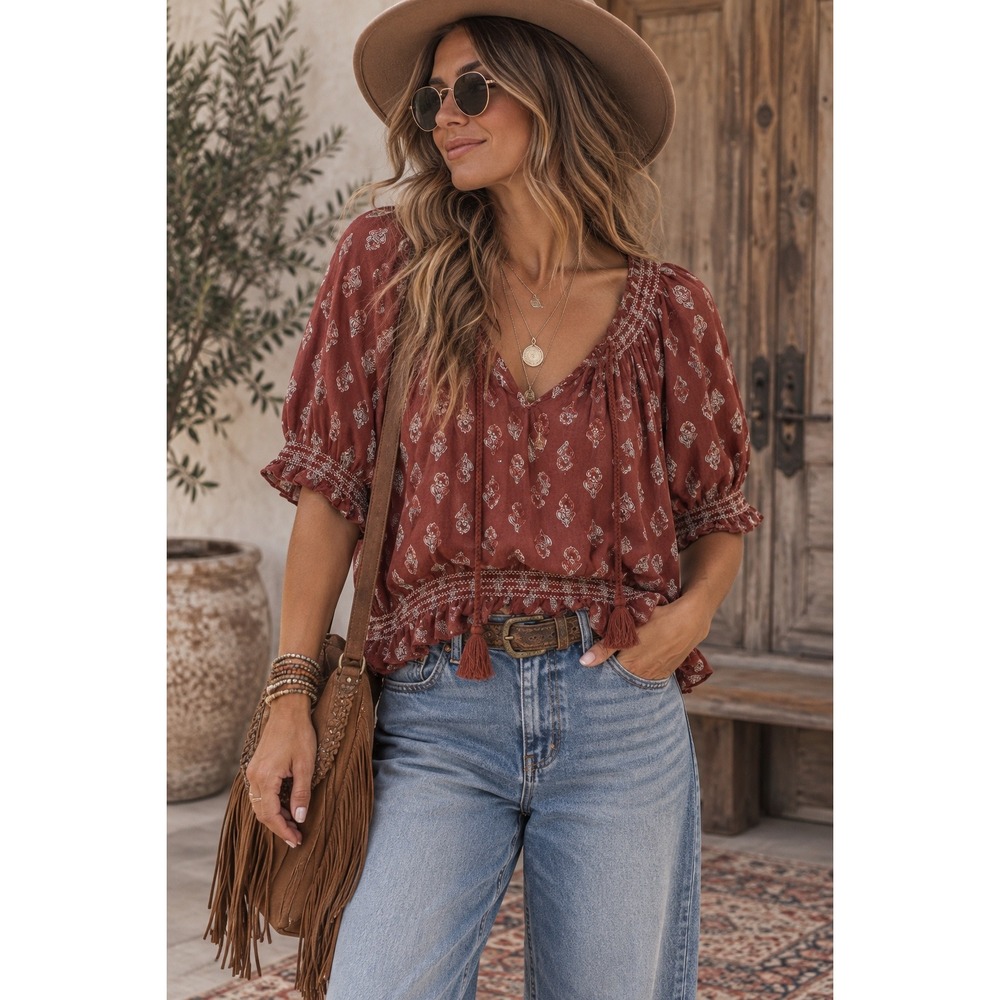 Universal Thread Rust Floral Smocked Peasant Blouse Puff Sleeve Tassel Top M